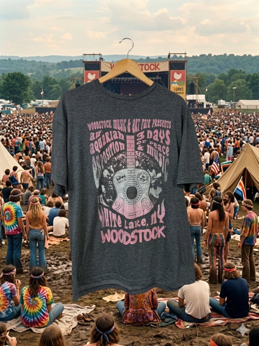 Vintage Woodstock Guitar Graphic Tee - Charcoal with Pink Print